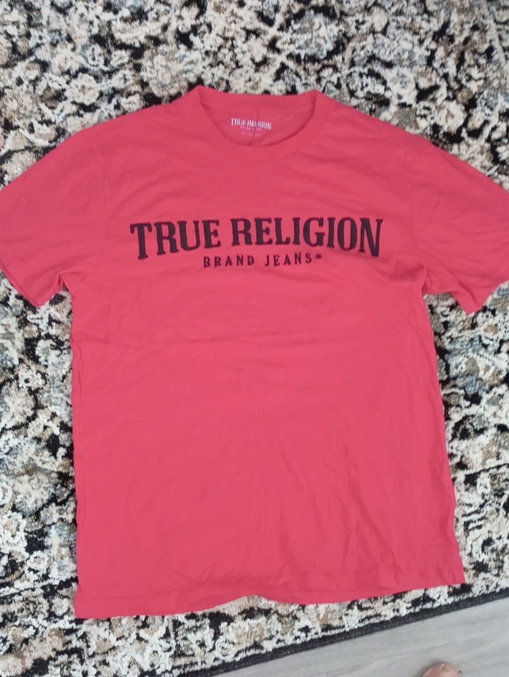 True Religion Men's Short Sleeve Tee in Coral Pink with Black Logo